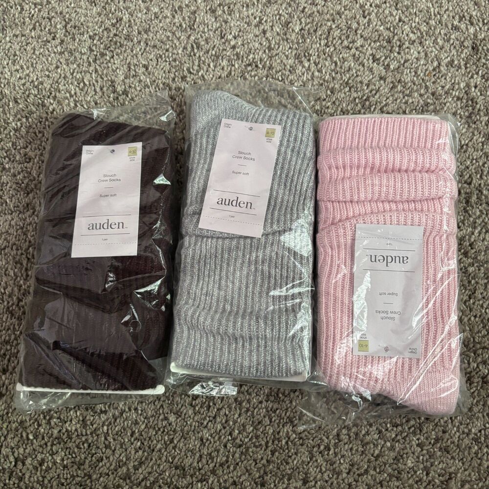 Auden Slouch Crew Socks Set of 3 Pink Gray Brown Super Soft Women's Size 4-10